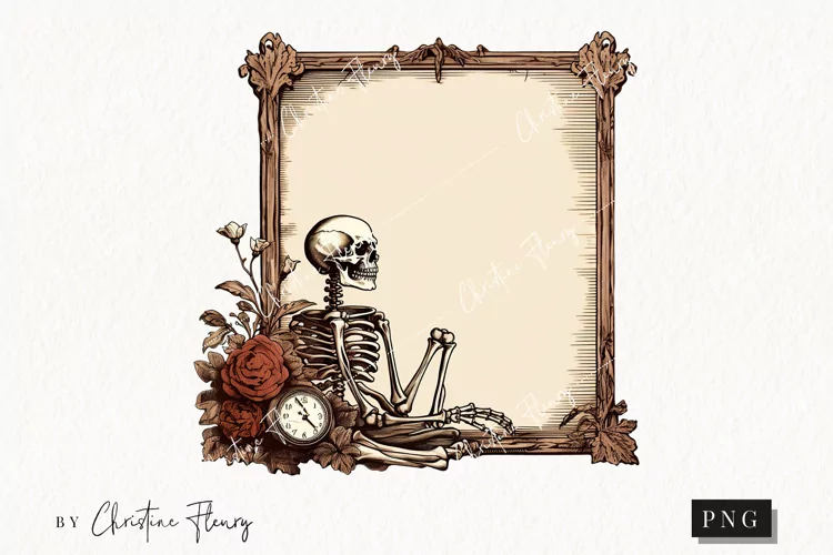 Vintage Goth Skeleton and Flower Frame Clipart | Halloween