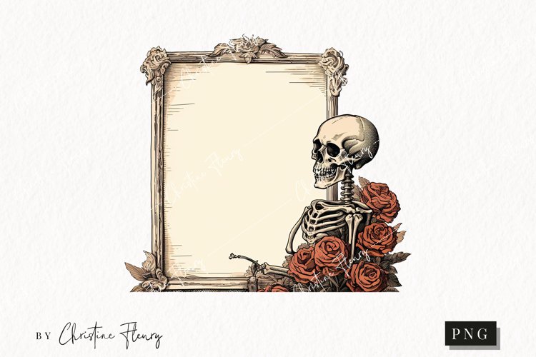 Vintage Goth Skeleton and Flower Frame Clipart | Halloween example image 1