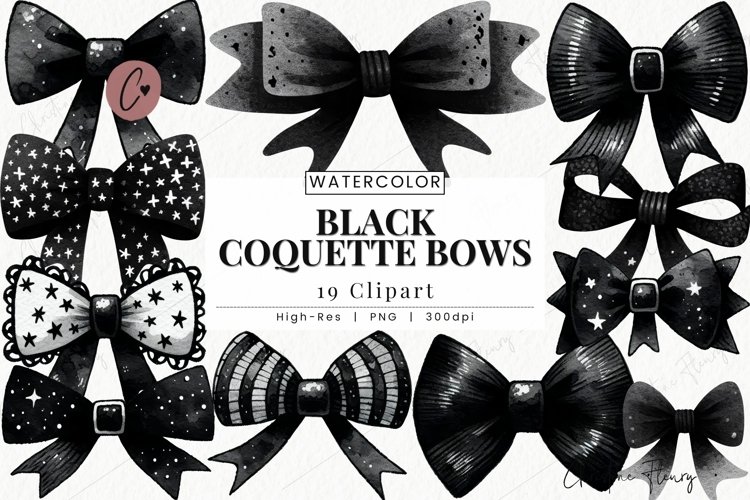 Watercolor Black Coquette Bows Clipart | Gothic PNG example image 1
