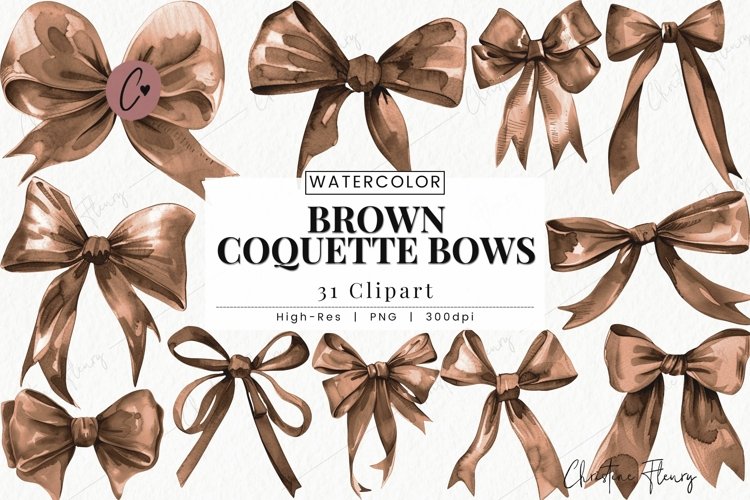 Watercolor Brown Coquette Bows Clipart example image 1