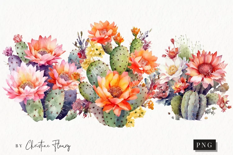 Watercolor Cactus Flowers Clipart | Watercolor Desert PNG