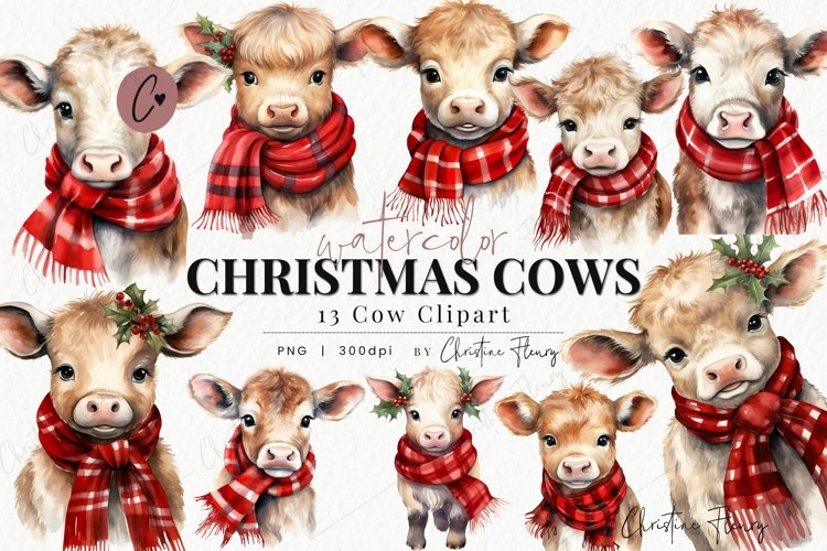 Watercolor Christmas Cow Clipart example image 1