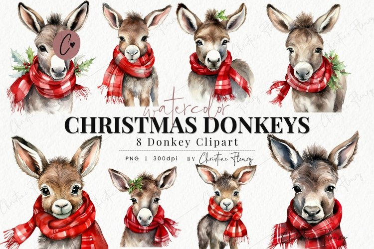 8 Watercolor Christmas Donkey Clipart