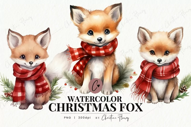 Watercolor Christmas Fox Clipart