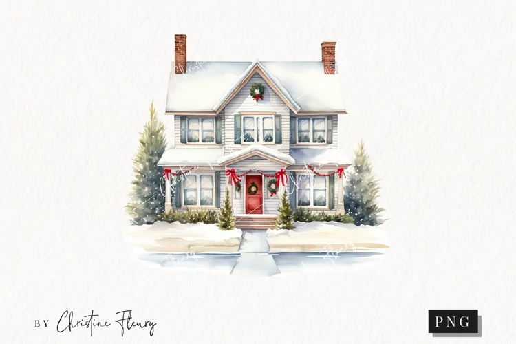 Watercolor Winter House Clipart | Christmas Clipart