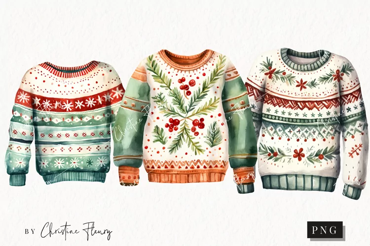 Watercolor Christmas Sweaters Clipart | Watercolor Christmas