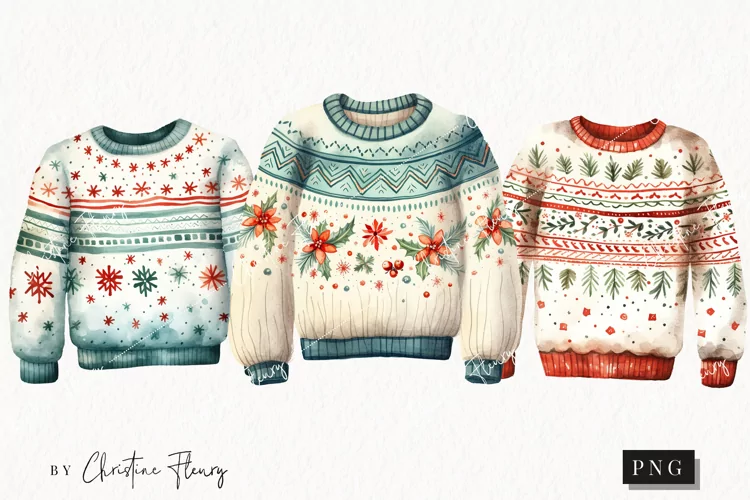 Watercolor Christmas Sweaters Clipart | Watercolor Christmas