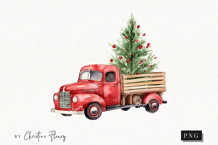 Watercolor Christmas Vintage Truck | Christmas Clipart