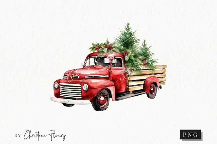 Watercolor Christmas Vintage Truck | Christmas Clipart