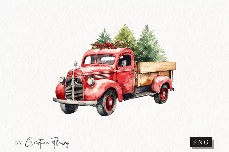 Watercolor Christmas Vintage Truck | Christmas Clipart