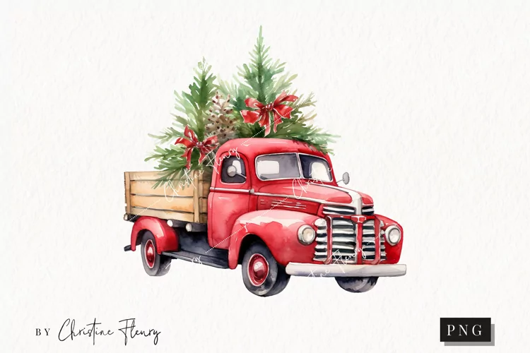 Watercolor Christmas Vintage Truck | Christmas Clipart