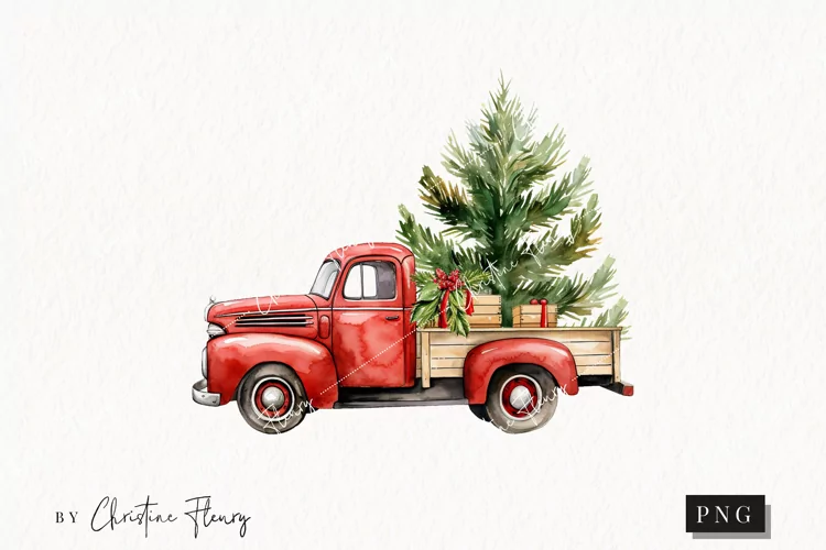 Watercolor Vintage Christmas Truck | Christmas Clipart