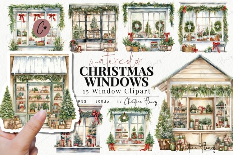 Watercolor Christmas Windows Clipart example image 1