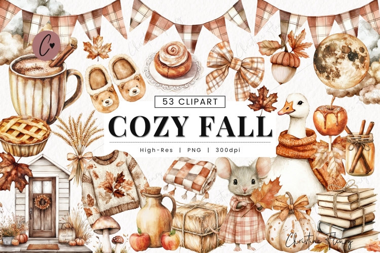 Watercolor Cozy Fall Clipart Bundle - 53 Elements