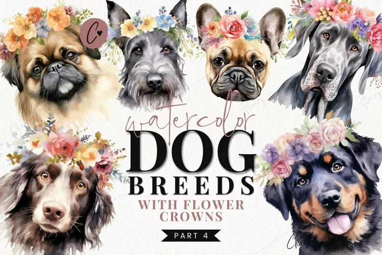 Watercolor Dog Breeds with Flower Crowns - Part 4