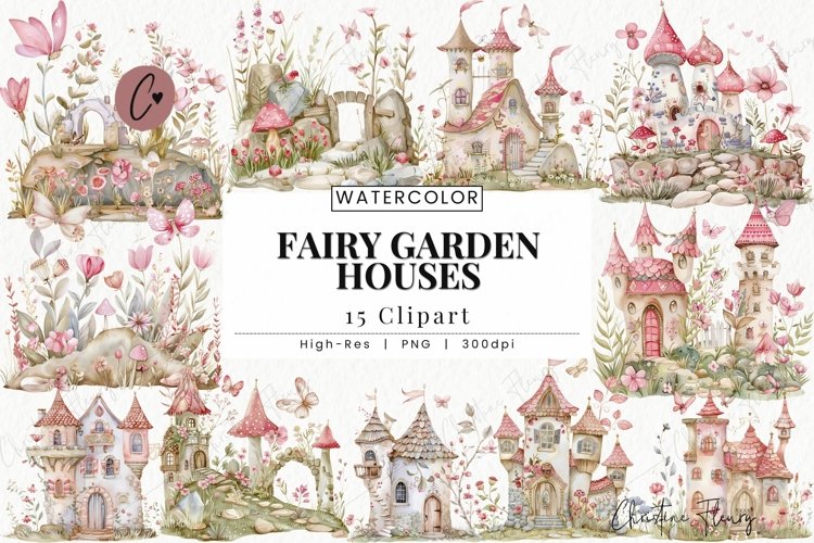 Watercolor Fairy Garden Houses Clipart | Fairy PNG