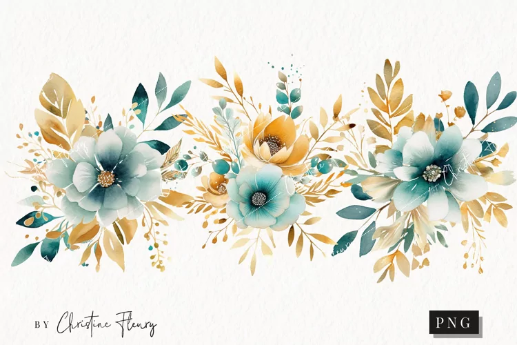 Watercolor Teal & Gold Bouquets Clipart | Watercolor Flower