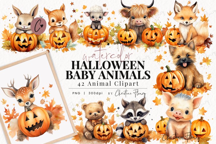 Watercolor Halloween Baby Animals Clipart