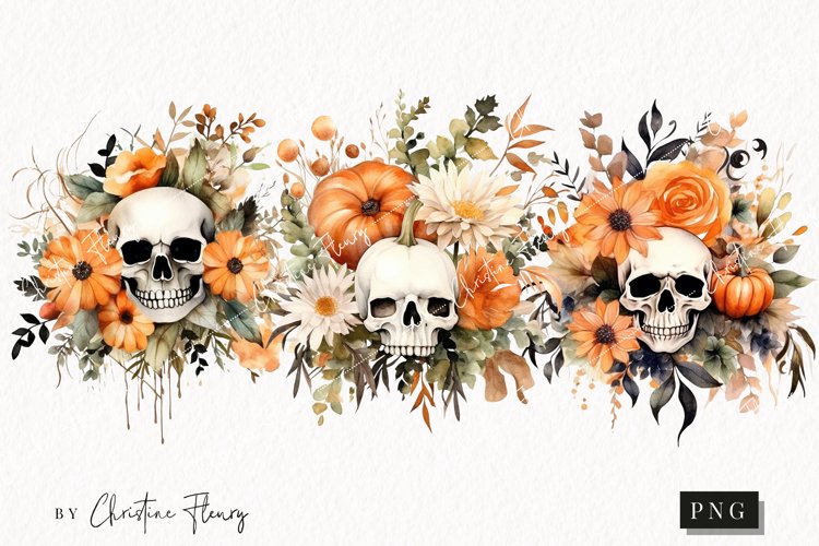 Watercolor Skull Bouquets Clipart | Watercolor Halloween PNG
