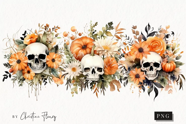 Watercolor Skull Bouquets Clipart | Watercolor Halloween PNG