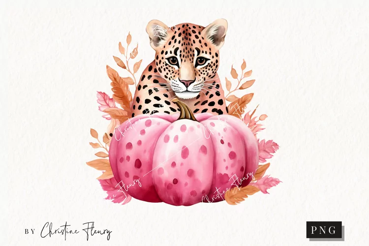 Watercolor Pink Leopard Pumpkin Clipart | Watercolor Pumpkin