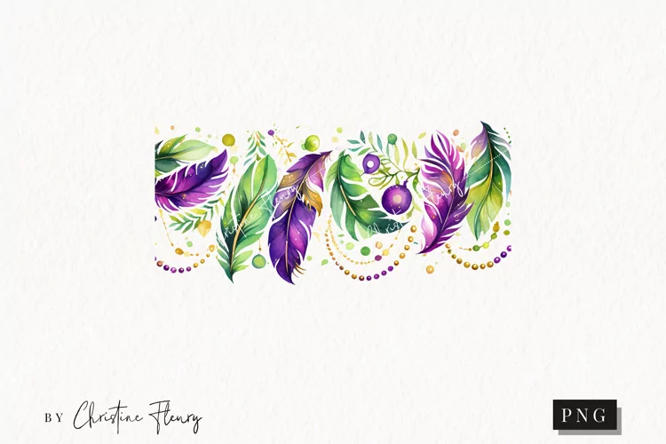 Watercolor Mardi Gras Feather Border Clipart | Mardi Gras