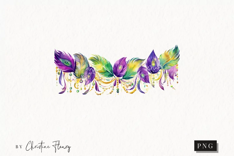 Watercolor Mardi Gras Feather Border Clipart | Mardi Gras