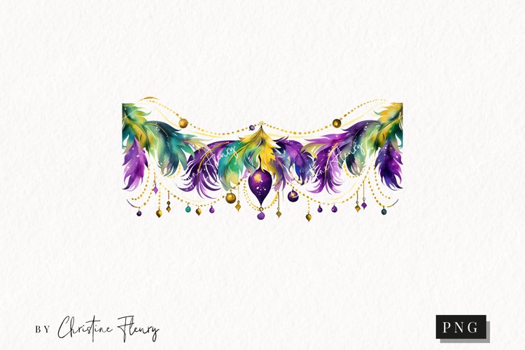 Watercolor Mardi Gras Feather Border Clipart | Mardi Gras example image 1