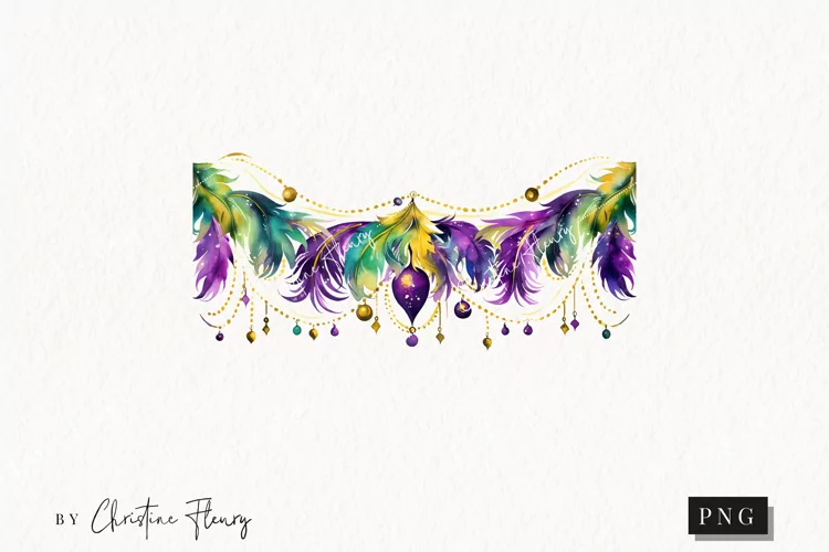 Watercolor Mardi Gras Feather Border Clipart | Mardi Gras