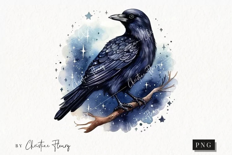 Watercolor Blue Raven Clipart | Watercolor Halloween PNG