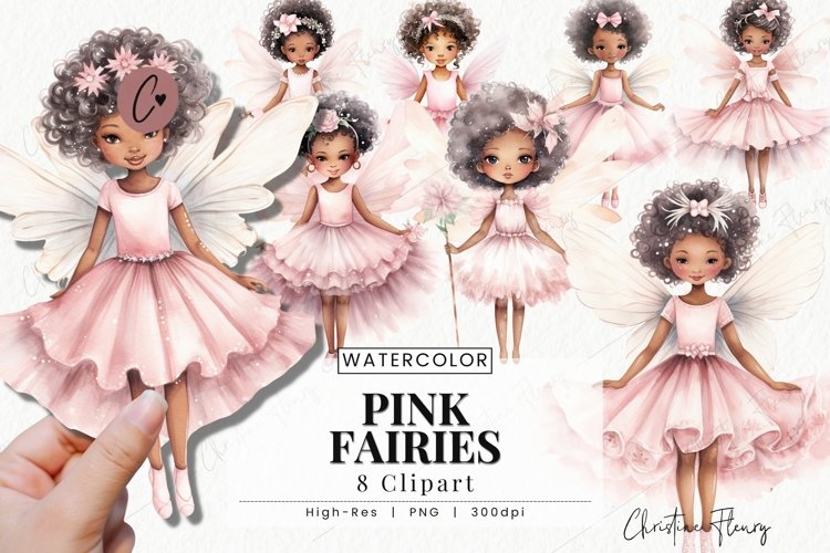 Watercolor Pink African American Fairies Clipart | Fantasy