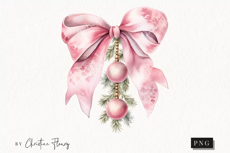 Watercolor Pink Bow With Baubles Clipart | Christmas Clipart