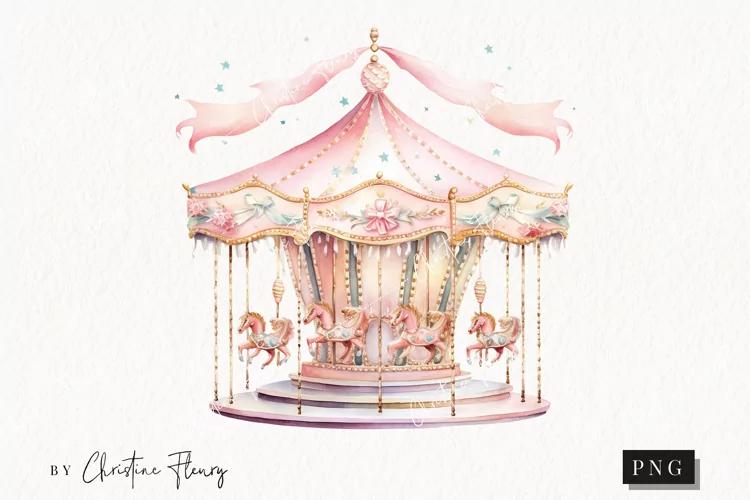 Watercolor Pink Carousel Clipart | Christmas Clipart