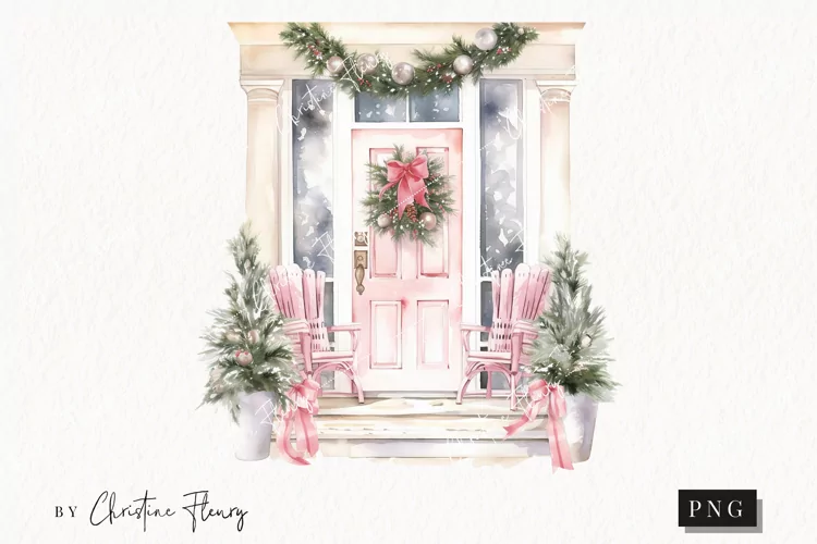 Watercolor Pink Christmas Door Clipart | Christmas Clipart