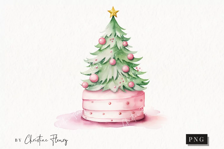 Watercolor Pink Christmas Tree Cake Clipart | Christmas PNG