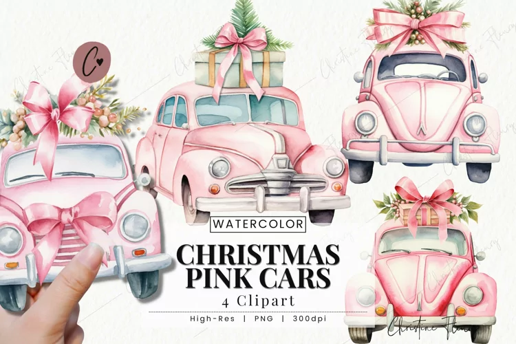 Watercolor Pink Christmas Cars Clipart | Christmas PNG