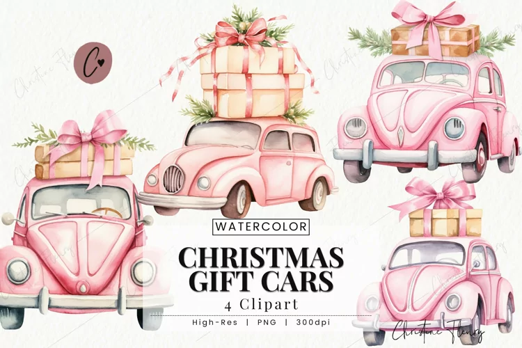 Watercolor Pink Christmas Gift Cars Clipart | Christmas PNG