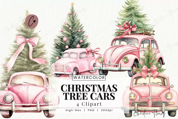 Watercolor Pink Christmas Tree Cars Clipart | Christmas PNG