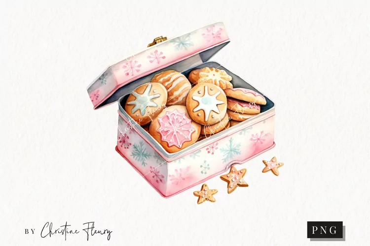 Watercolor Pink Tin of Cookies Clipart | Christmas Clipart