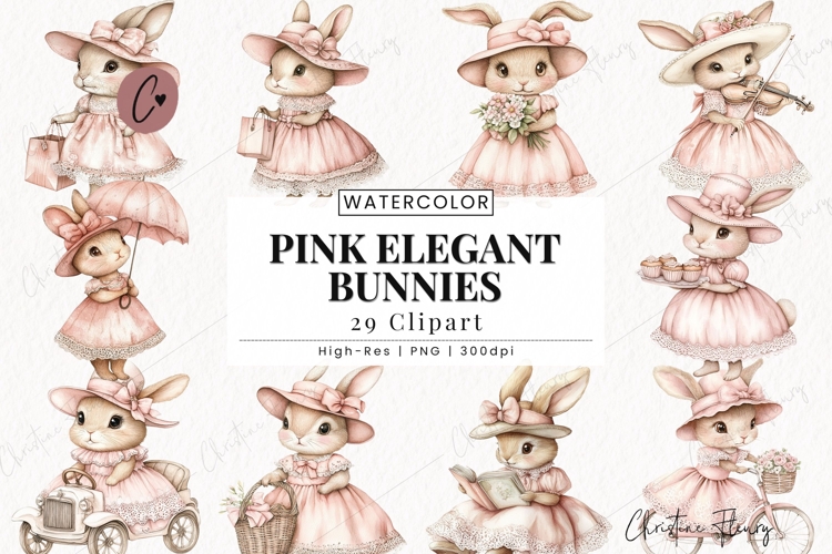 Watercolor Pink Elegant Bunny Clipart Bundle