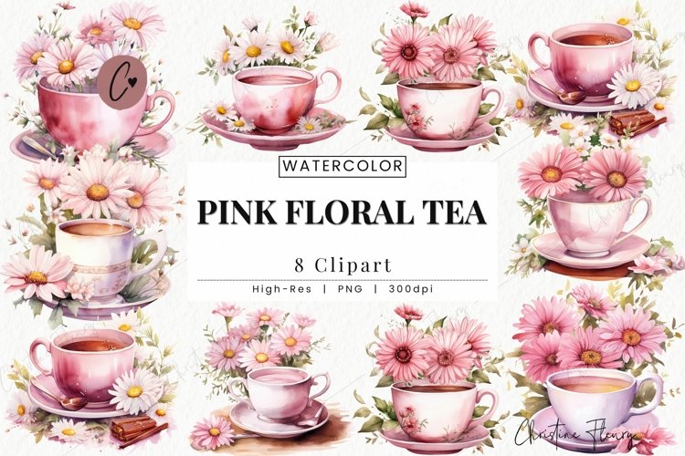 Watercolor Pink Flower Tea Clipart example image 1