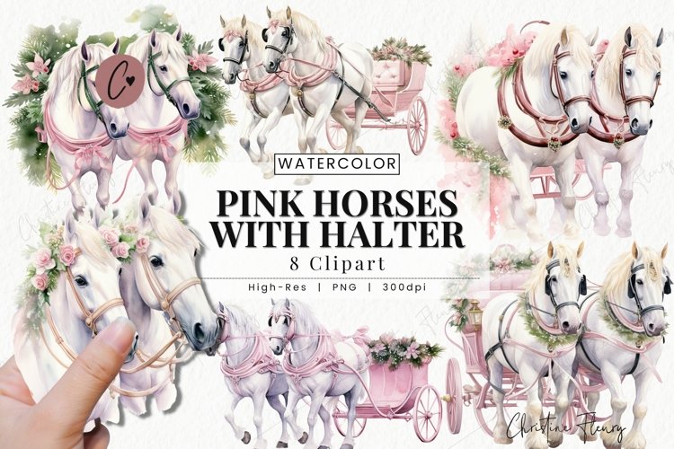 Watercolor Pink Horses With Halters Clipart | Christmas PNG example image 1