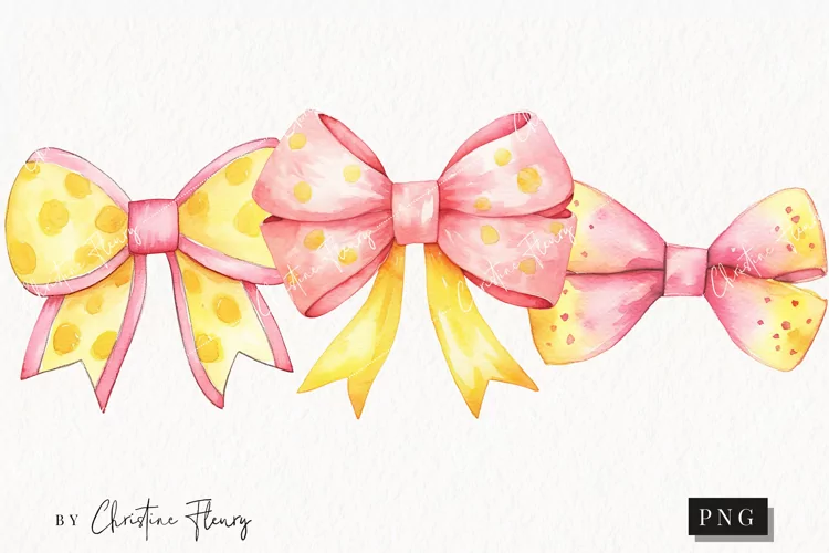 Watercolor Pink & Yellow Bows Clipart | Watercolor Girly PNG