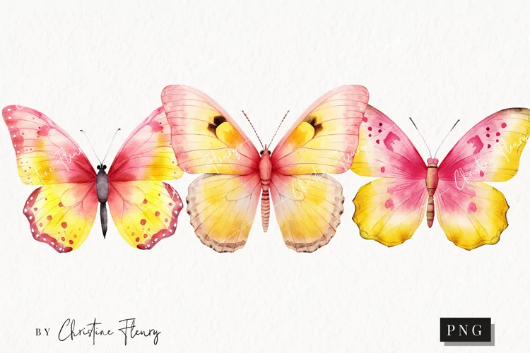 Watercolor Pink & Yellow Butterflies Clipart | Watercolor