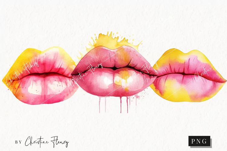 Watercolor Pink & Yellow Lips Clipart | Watercolor Cosmetic