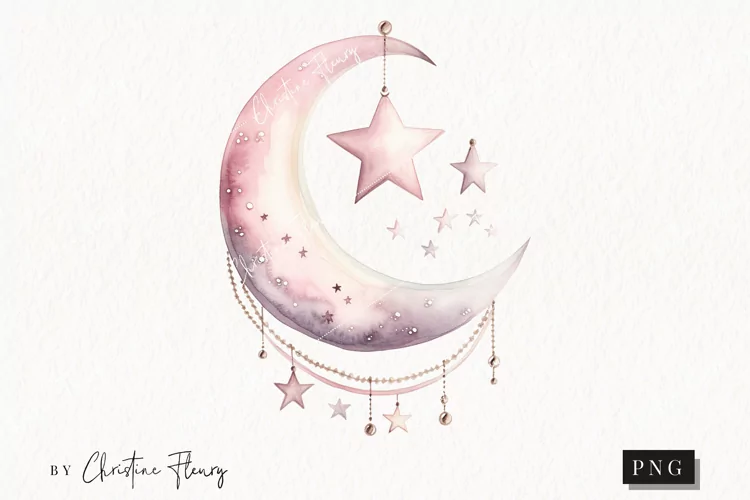 Watercolor Pink Moon And Stars Clipart | Celestial Clipart