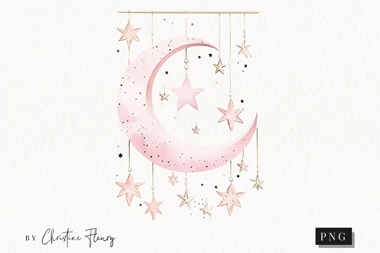 Watercolor Pink Moon And Stars Clipart | Celestial Clipart