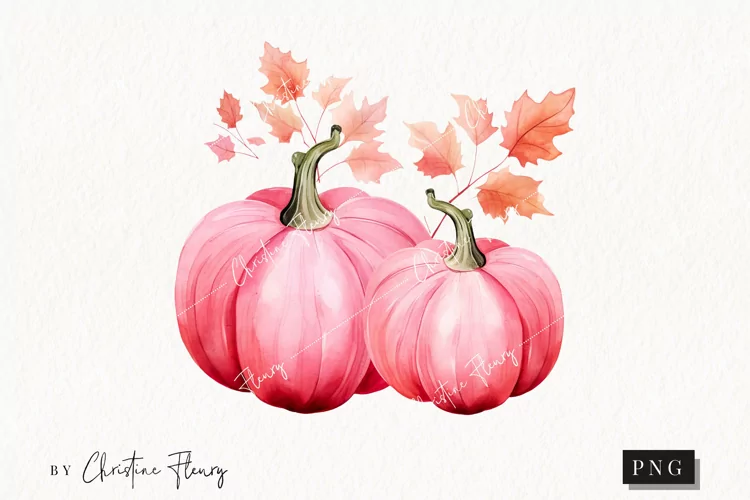 Watercolor Pink Leafy Pumpkins Clipart | Watercolor Pumpkin