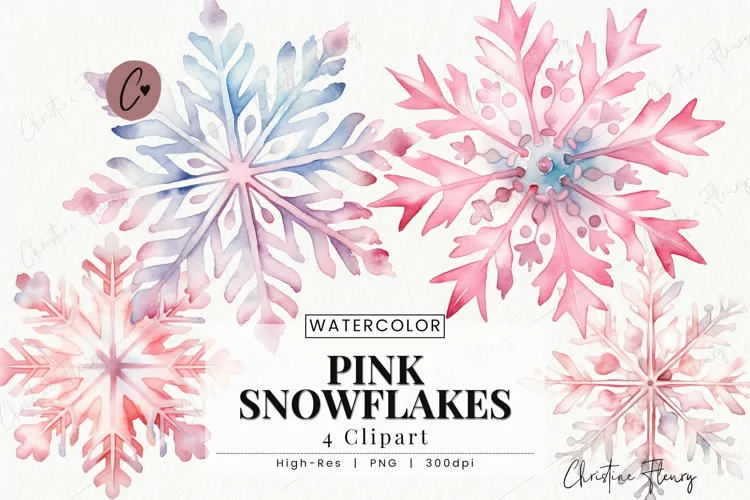 Watercolor Pink Snowflakes Clipart | Christmas Sublimation