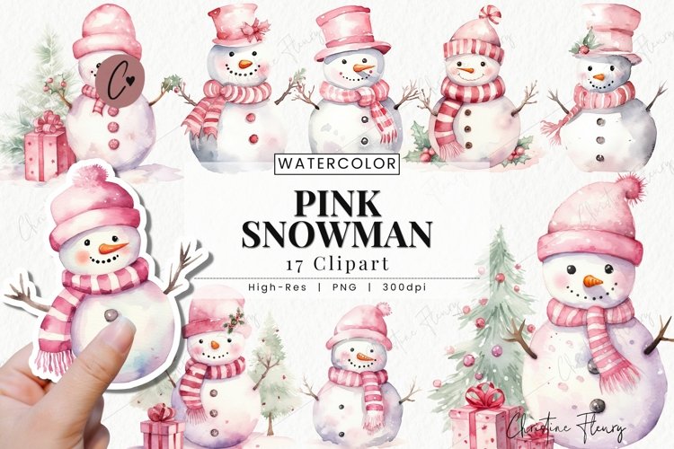 Watercolor Pink Snowman Clipart | Christmas PNG example image 1